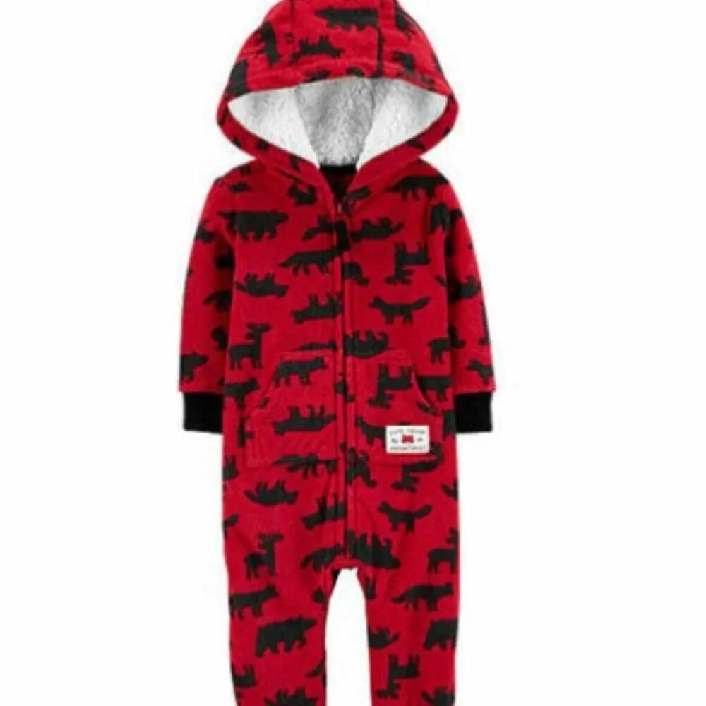 WOODLAND CREATURES HOODED FLEECE JUMPSUIT GUC